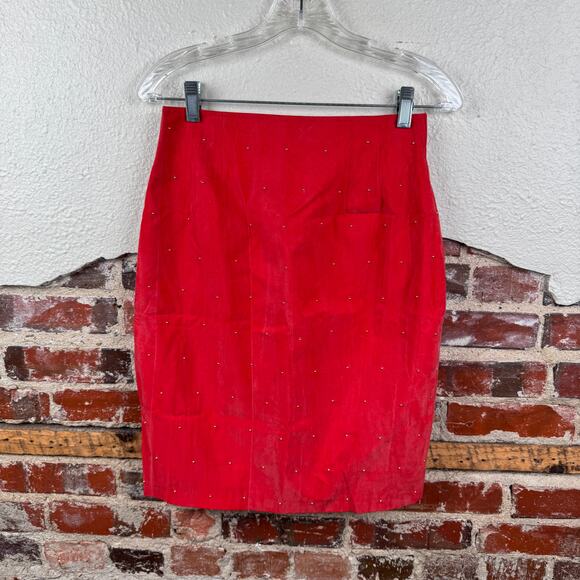 Vintage Cache Skirt Size 27 Red Knee Length Pencil Gold Beaded USA 90s - Picture 1 of 3